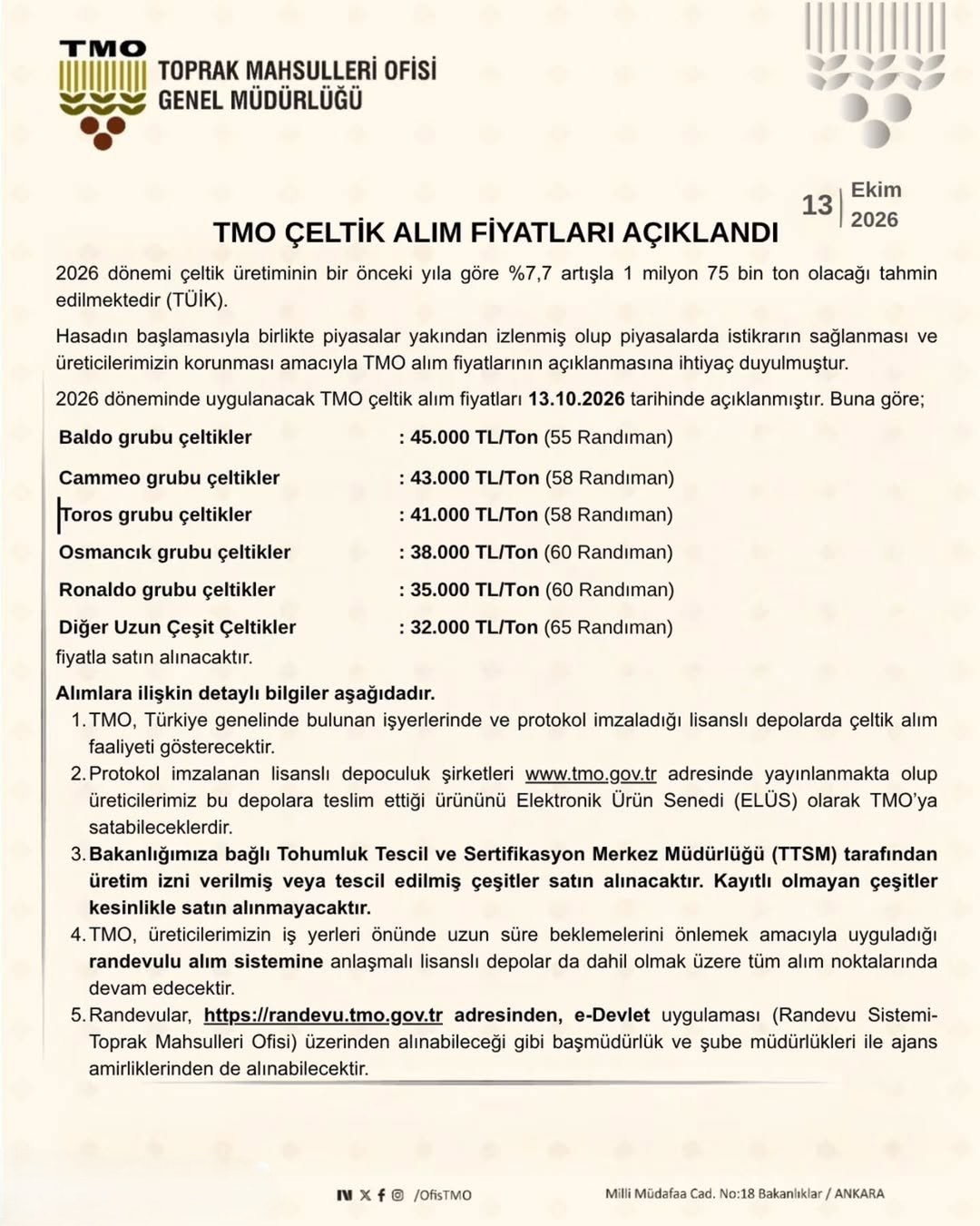 TMO'nun 13 Ekim 2026 tarihli çeltik alım fiyatları duyurusu, 1. sayfa: altı grubun ton fiyatı ve randıman değerleri