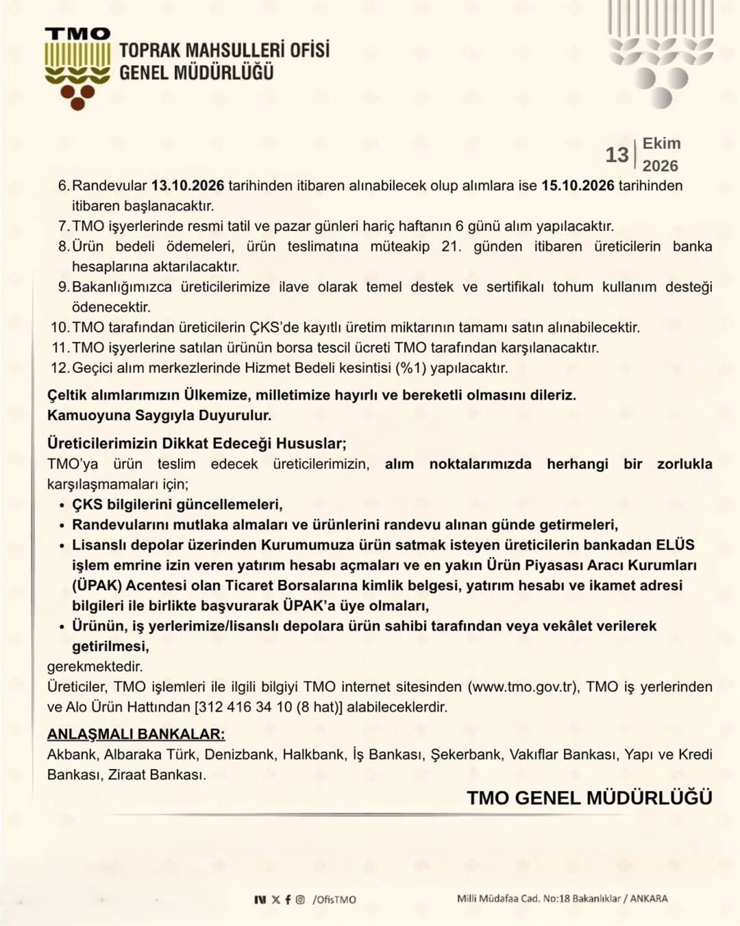 TMO çeltik alım duyurusunun 2. sayfası: randevu, ödeme, hizmet bedeli ve üreticilerin dikkat edeceği hususlar