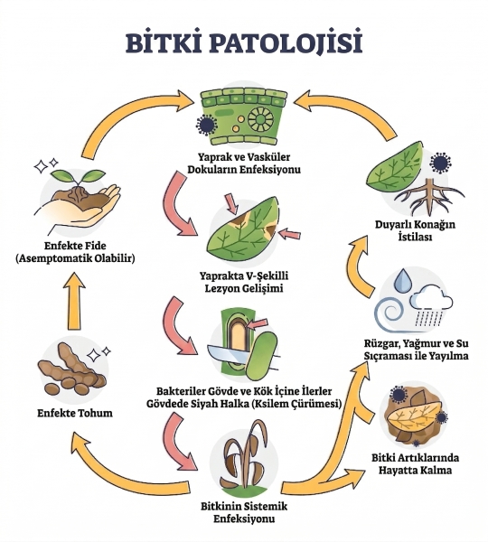 Bitki patolojisi şeması; enfekte tohumdan başlayarak yaprak lezyonları, vasküler doku enfeksiyonu, ksilem çürümesi ve rüzgar/yağmur yoluyla yayılım aşamalarını gösteren hastalık döngüsü.