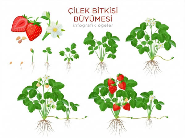 Çilek Bitkisi Büyüme ve Gelişim Evreleri İnfografiği Çilek bitkisinin büyüme evrelerini gösteren infografik; tohumdan çimlenmeye, fide oluşumundan çiçeklenme ve meyve verme sürecine kadar olan gelişim aşamaları.