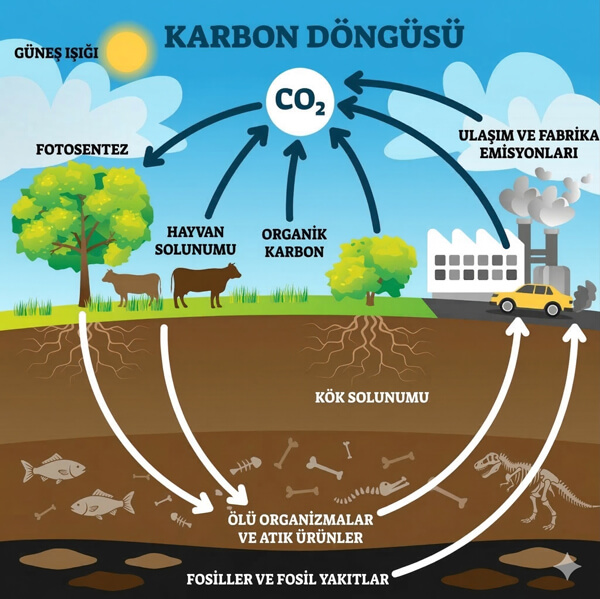 Karbon Döngüsü: Toprak Verimliliği ve Ekosistem Dengesi Doğadaki karbon döngüsü şeması; fotosentez, hayvan solunumu, fosil yakıt emisyonları ve ölü organizmaların toprak organik karbonuna dönüşüm süreci.